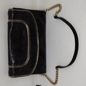 Michael Kors Naomi Black Leather‎ Clutch with Detachable Gold Chain Strap